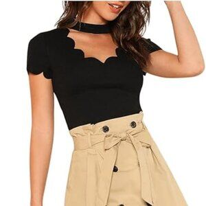 OYOANGLE Women's Summer Scallop Trim Short Sleeve V Neck Slim Fit Blouse Top